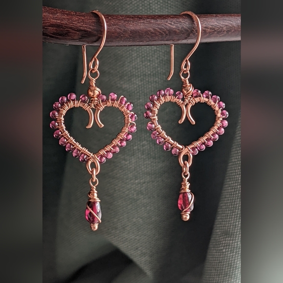 Garnet Heart Earrings Artisan Crafted Copper Design Dangle Drop - Picture 4 of 16